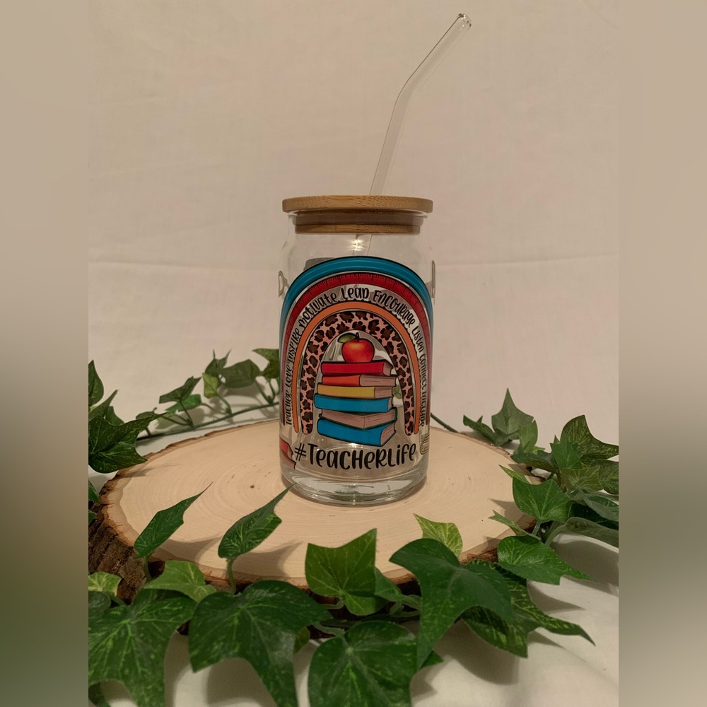 Teacher inspired glass can with straw